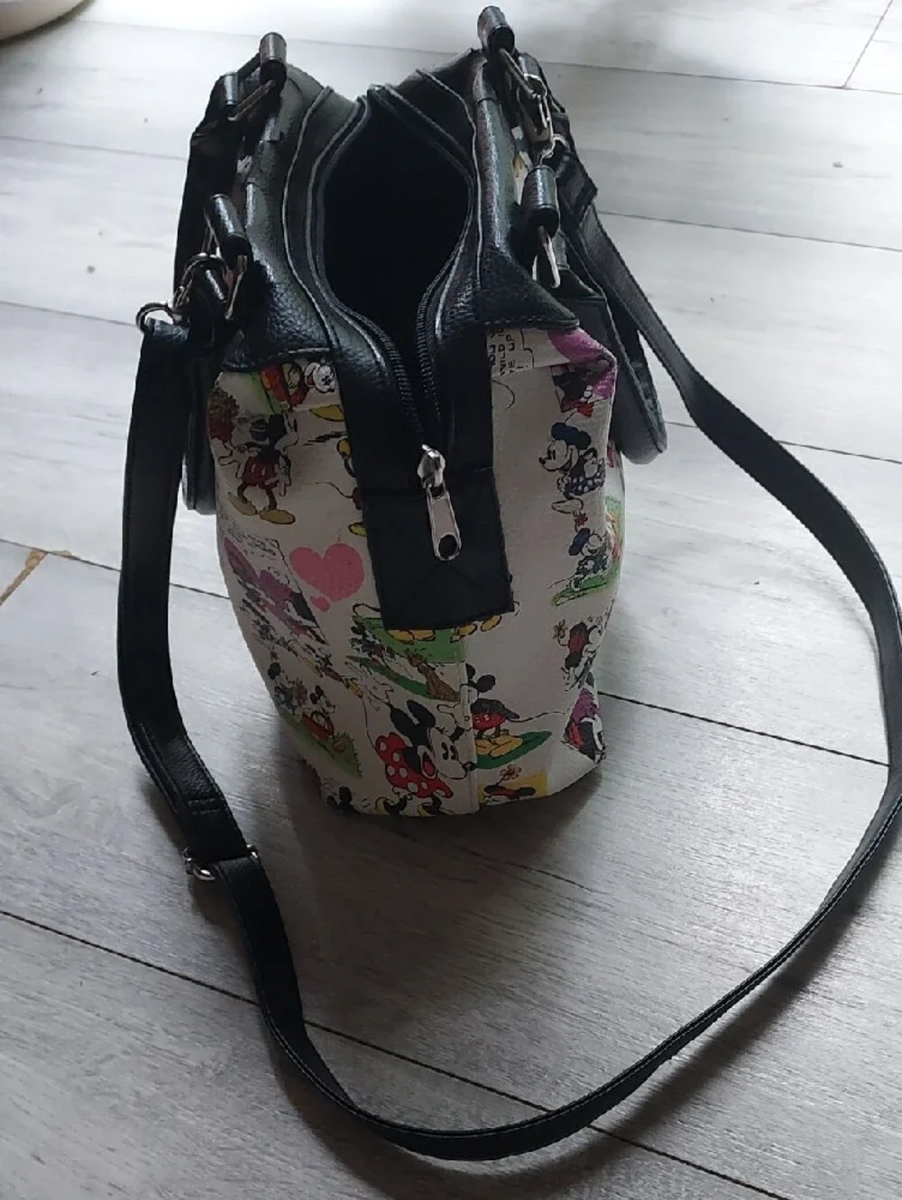 Disney  Printed Satchel, Bag,Purse with Black Trim and Multicolor Characters